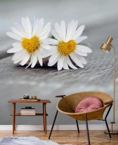 Two Daisies Resting on Wood Mural