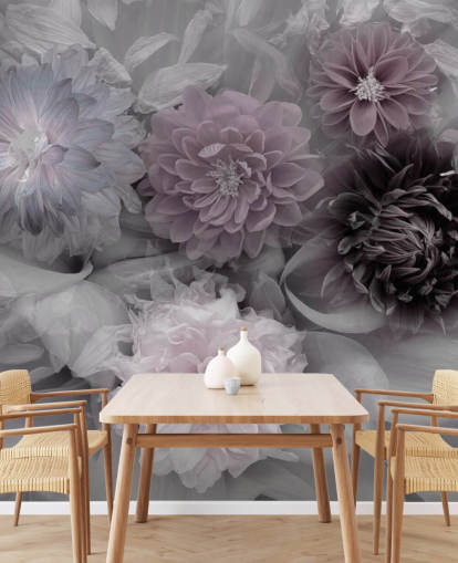 roze en lila bloemenbehangmuurschildering genaamd Dahlia Dream voor slaapkamers en lounges roze en lila bloemenbehangmuurschildering genaamd Dahlia Dream voor slaapkamers en lounges