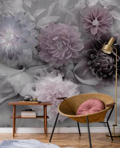 rosafarbenes und lila Blumentapetenbild namens Dahlia Dream für Schlafzimmer und Lounges rosafarbenes und lila Blumentapetenbild namens Dahlia Dream für Schlafzimmer und Lounges