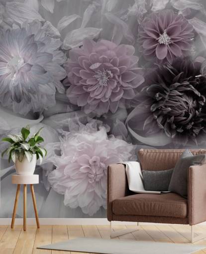 carta da parati murale floreale rosa e lilla chiamata Dahlia Dream per camere da letto e salotti