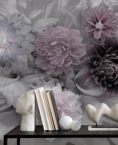 rosafarbenes und lila Blumentapetenbild namens Dahlia Dream für Schlafzimmer und Lounges