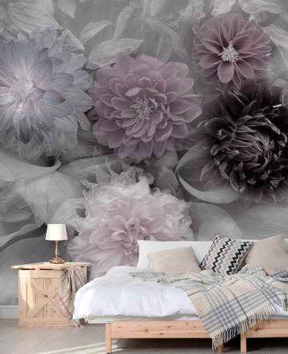 lyserødt og lilla blomstertapet vægmaleri kaldet Dahlia Dream til soveværelser og lounger