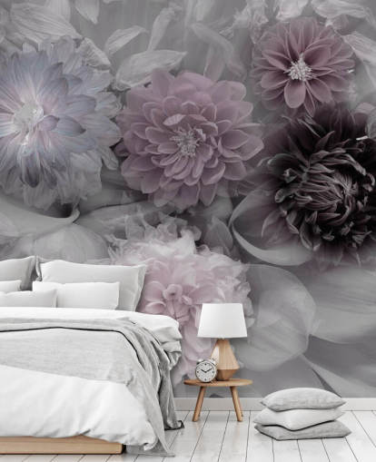 rosa og lilla blomstertapet veggmaleri kalt Dahlia Dream for soverom og salonger