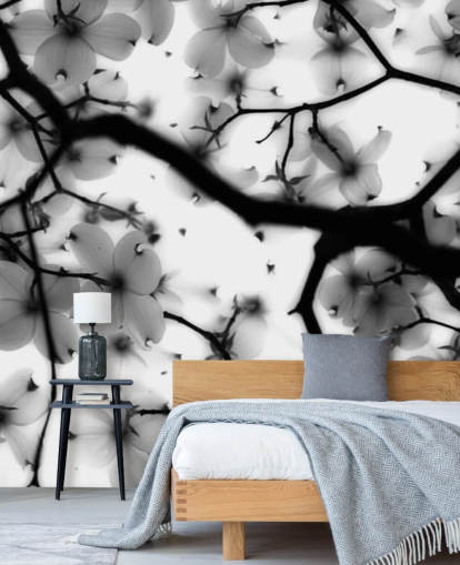 mural de parede de flor de dogwood preto e branco