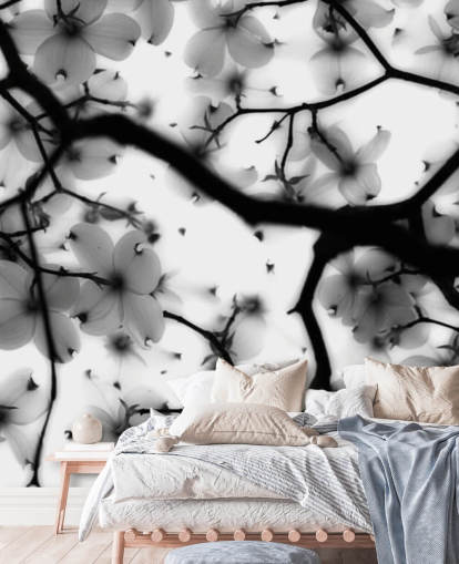 papier peint mural fleur de cornouiller noir et blanc