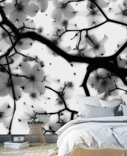 black and white dogwood blossom wall mural