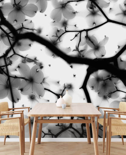 black and white dogwood blossom wall mural