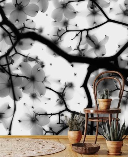 zwart-witte kornoelje bloesem muurschildering zwart-witte kornoelje bloesem muurschildering