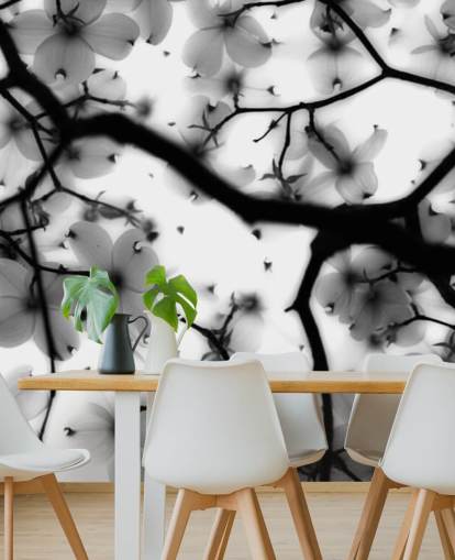 murale con fiori di corniolo bianco e nero