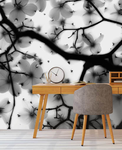 black and white dogwood blossom wall mural