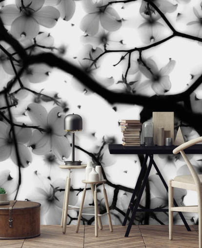 papier peint mural fleur de cornouiller noir et blanc