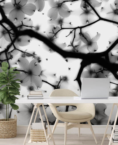 black and white dogwood blossom wall mural