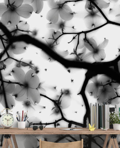 papier peint mural fleur de cornouiller noir et blanc