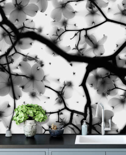 black and white dogwood blossom wall mural