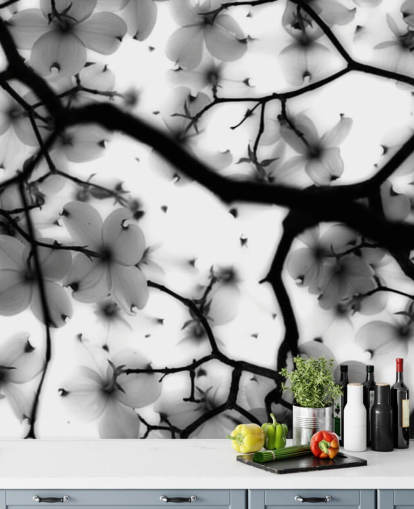 murale con fiori di corniolo bianco e nero