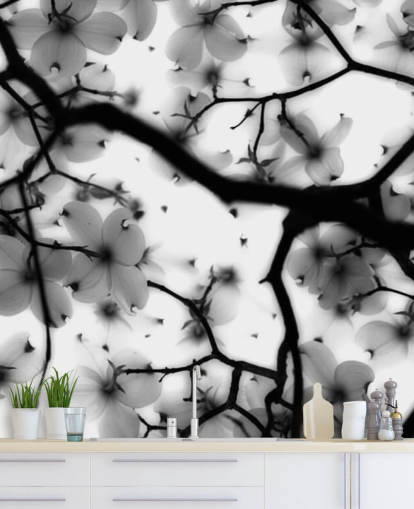 mural de parede de flor de dogwood preto e branco