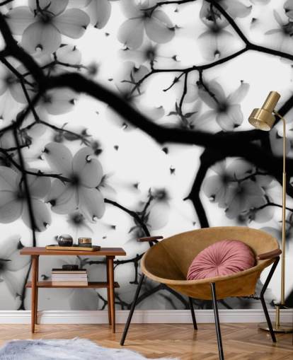 murale con fiori di corniolo bianco e nero