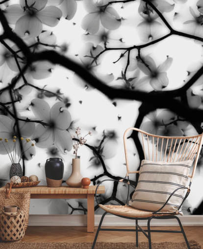 black and white dogwood blossom wall mural