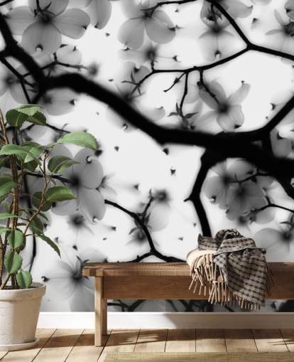 papier peint mural fleur de cornouiller noir et blanc