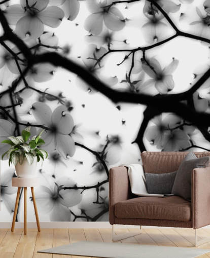 mural de parede de flor de dogwood preto e branco mural de parede de flor de dogwood preto e branco