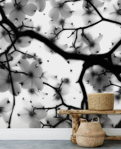 black and white dogwood blossom wall mural