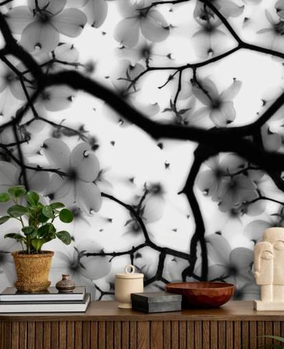 mural de parede de flor de dogwood preto e branco