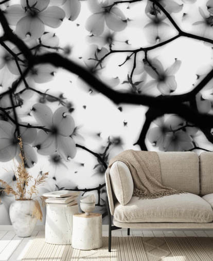 black and white dogwood blossom wall mural