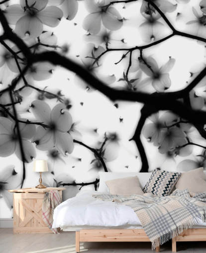 mural de parede de flor de dogwood preto e branco