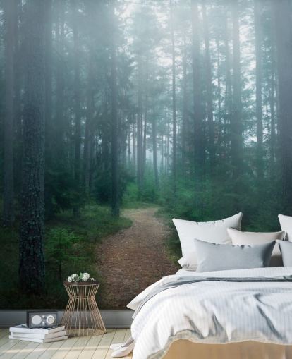 path with green trees in misty forest wallpaper