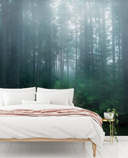 chemin avec des arbres verts dans le papier peint de la forêt brumeuse