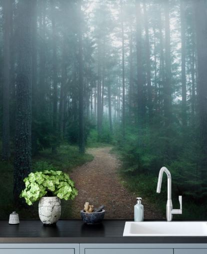 path with green trees in misty forest wallpaper path with green trees in misty forest wallpaper
