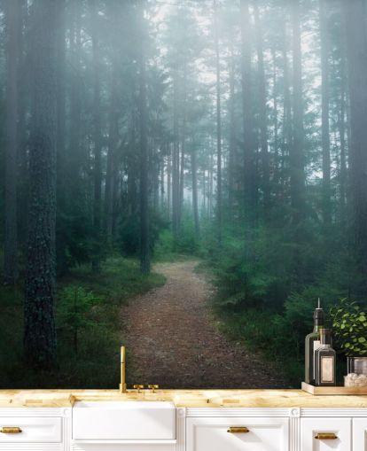 caminho com árvores verdes no papel de parede da floresta enevoada caminho com árvores verdes no papel de parede da floresta enevoada
