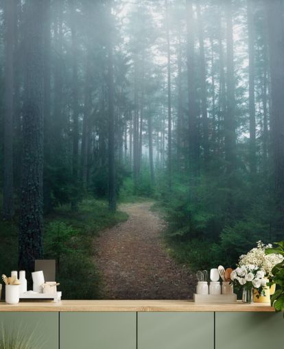 path with green trees in misty forest wallpaper path with green trees in misty forest wallpaper