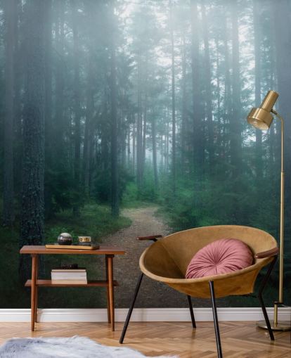 path with green trees in misty forest wallpaper path with green trees in misty forest wallpaper