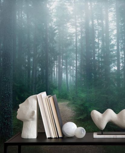 chemin avec des arbres verts dans le papier peint de la forêt brumeuse