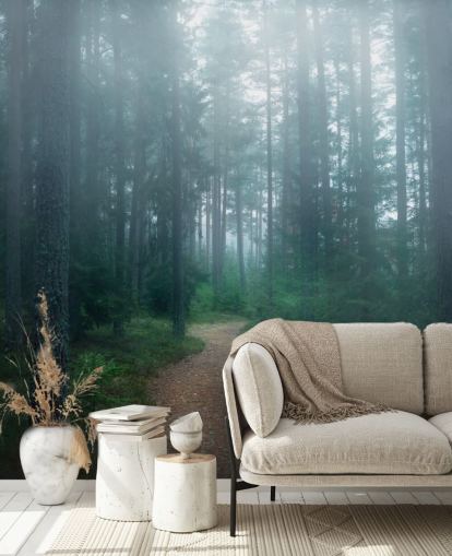 path with green trees in misty forest wallpaper path with green trees in misty forest wallpaper