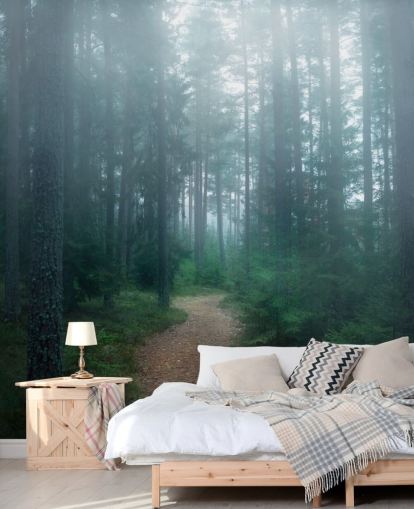 path with green trees in misty forest wallpaper path with green trees in misty forest wallpaper