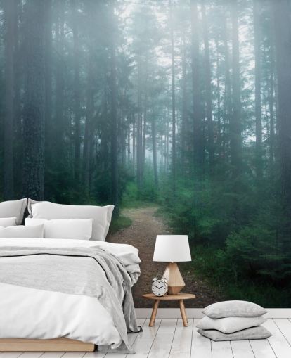 path with green trees in misty forest wallpaper