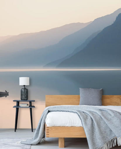 misty still lake and mountains wallpaper