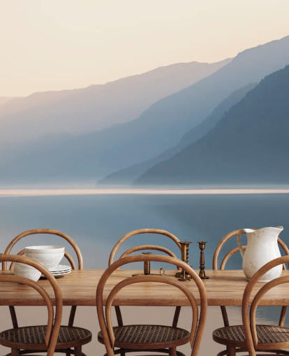 misty still lake and mountains wallpaper