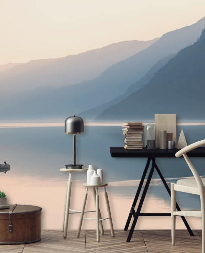 misty still lake and mountains wallpaper