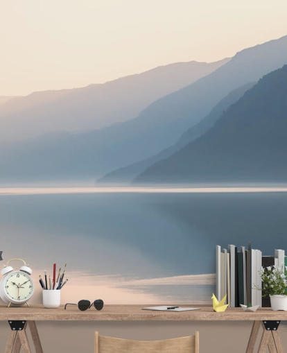 misty still lake and mountains wallpaper