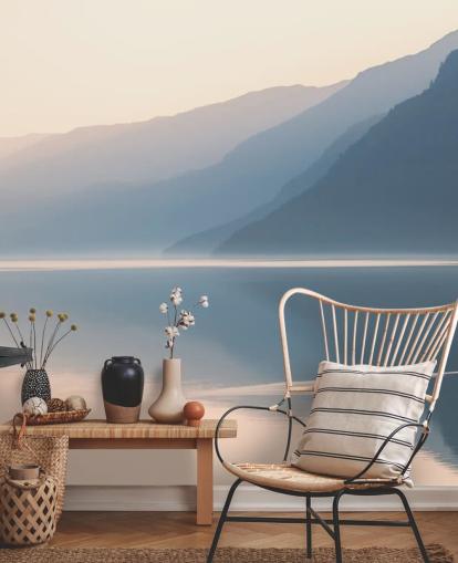 misty still lake and mountains wallpaper