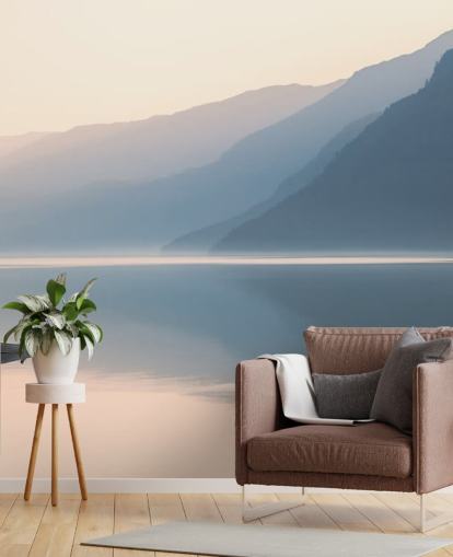 fond d'écran brumeux encore lac et montagnes