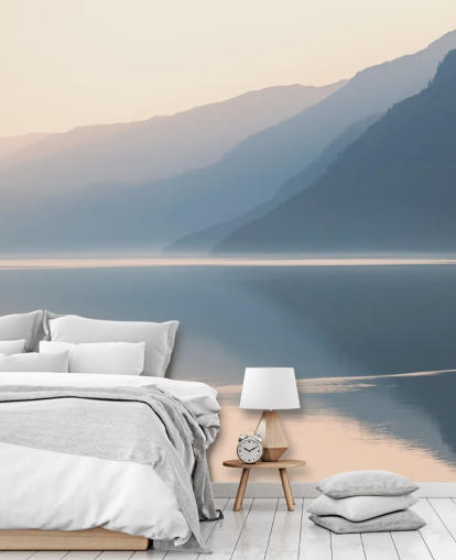 misty still lake and mountains wallpaper