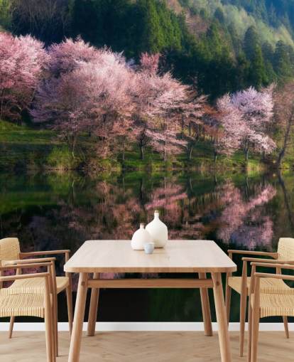 árvores de flor de cerejeira rosa por um lago wallpaper