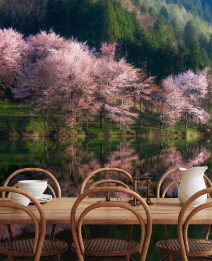 vaaleanpunainen kirsikankukka puita järven taustakuva