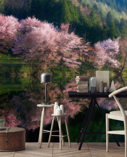 pink cherry blossom trees by a lake wallpaper