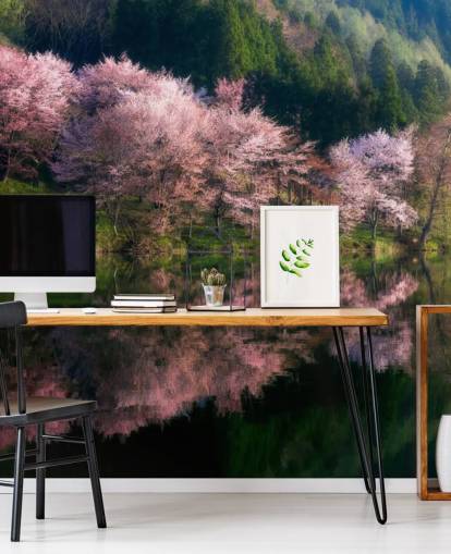 pink cherry blossom trees by a lake wallpaper pink cherry blossom trees by a lake wallpaper