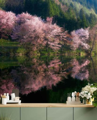 flores de cerezo rosa junto a un fondo de pantalla lago